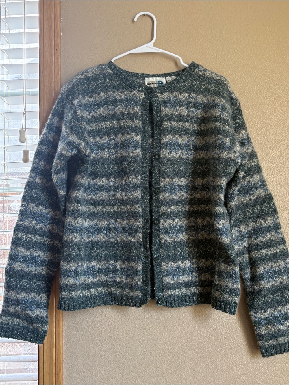 Paul Harris Design Striped Knit Crewneck Cardigan Sweater - Gray/Cream